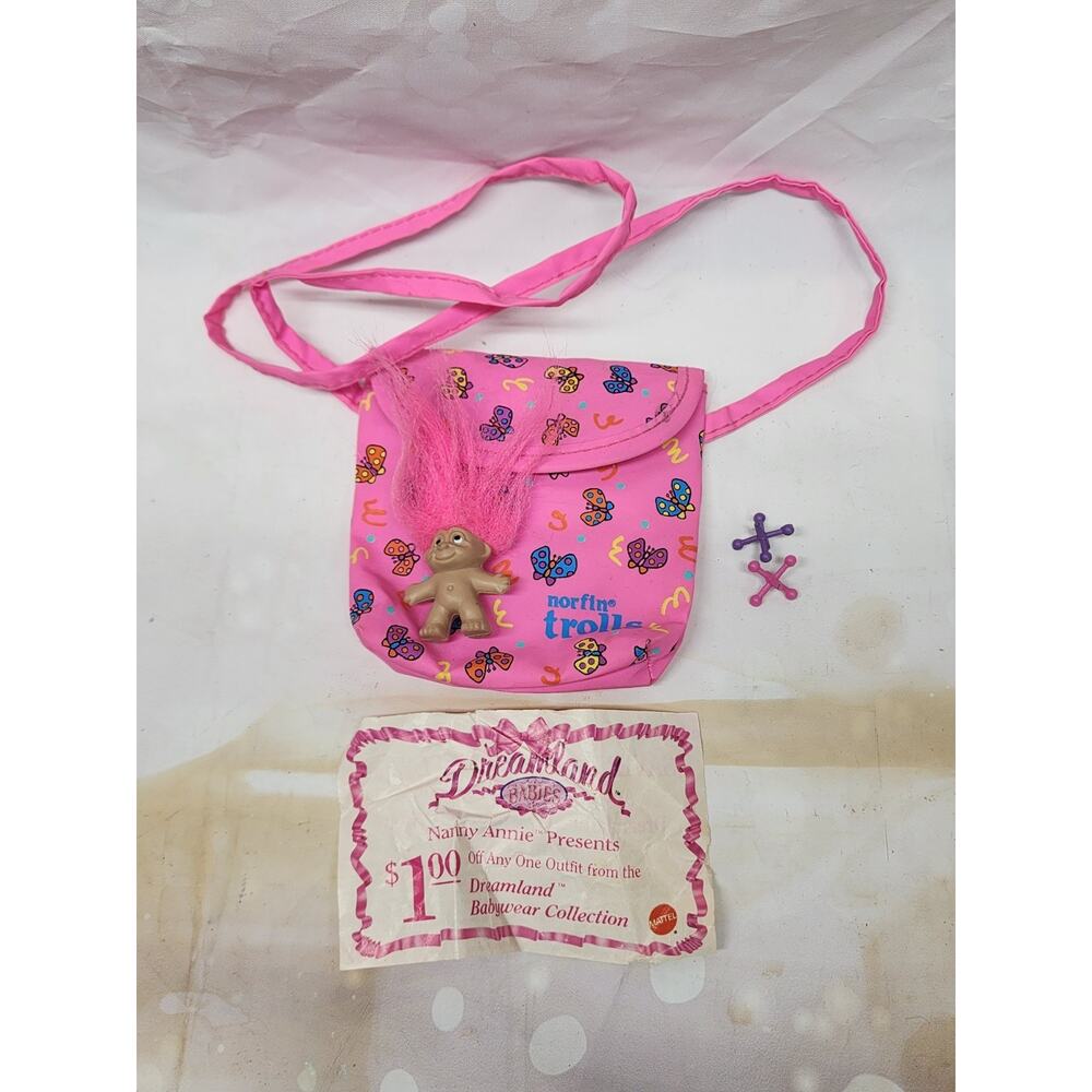 Vintage Norfin Troll Purse 1992 With Extras Troll Doll 1990s Toys RARE Mini Bag